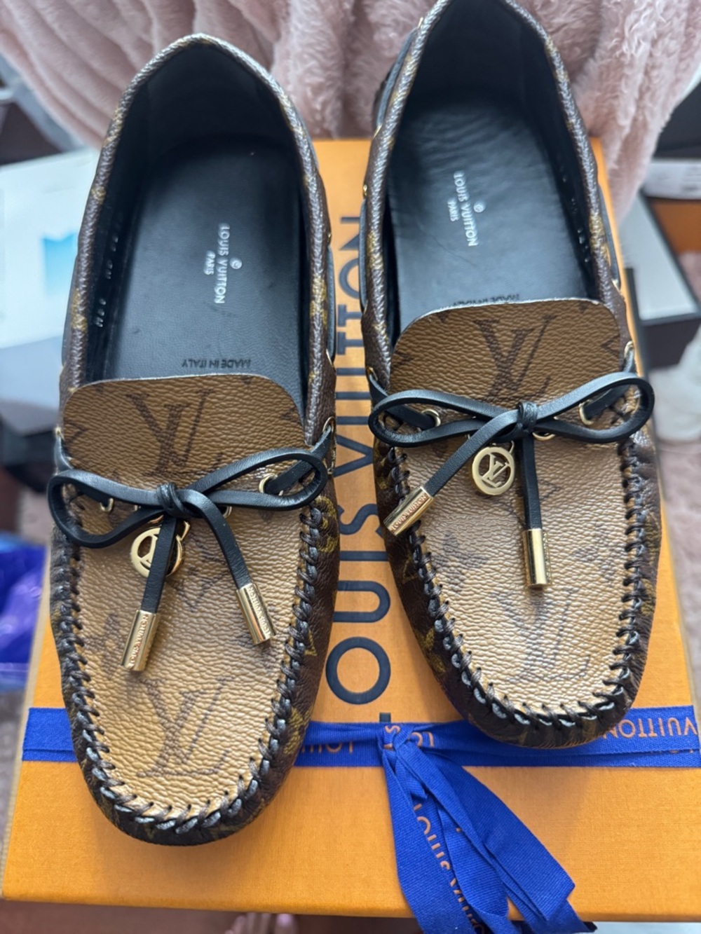 Louis Vuitton Brown Monogram Leather Moccasin Loafers with Gold Accents - Picture 2 of 4